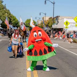Manteca Chamber of Commerce - Wally the Watermelon, Manteca Watermelon Street Fair Mascot, at the 4th of July parade 2025