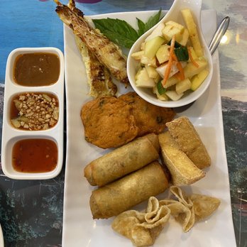Khob Khun Thai Cuisine - Appetizer platter for 2. Really delicious and good way to try stuff. $15. - Thai Near Me - Coquitlam, British Columbia