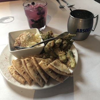 1885 Grill - Pimento and cheese, pita bread and fried okra!   Cocktails are peach mule and blueberry mojitos! - Seafood Near Me - Acworth, Georgia