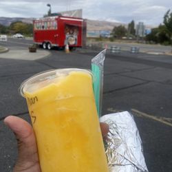 Bobablastic - Mango with strawberry boba bubbles and spam and rice wrapped in seaweed