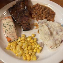 Cabin Nite Dinner Theater - Ribs, salmon, corn, mashed potatoes and baked beans--all served family style