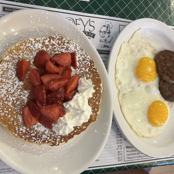Joey's Pancake House - Seasonal strawberry pancakes, 2 eggs over easy and sausage patties. - Diners Near Me - Maggie Valley, North Carolina