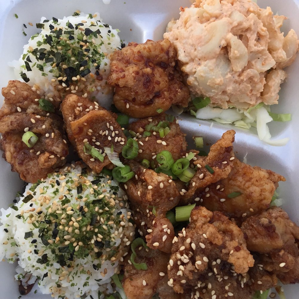 Furikake rice + Korean chicken + potato & macaroni salad + cabbage Furikake rice + Korean chicken + potato & macaroni salad + cabbage