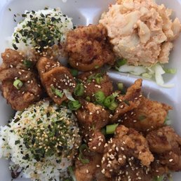 Furikake rice + Korean chicken + potato & macaroni salad + cabbage Furikake rice + Korean chicken + potato & macaroni salad + cabbage
