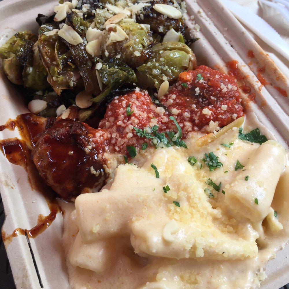 Ball or Nothing - Three different meatballs, mac-n-cheese and brussel sprouts - Italian Near Me Ball or Nothing - Three different meatballs, mac-n-cheese and brussel sprouts - Italian Near Me