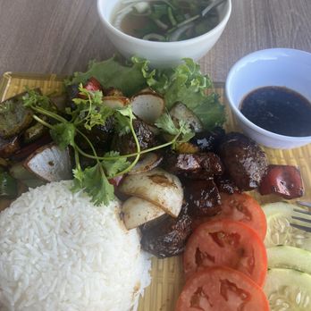 KJB Pho and Eggrolls - Shaken Beef with rice with a side of soup. Generous dish that I had plenty of leftovers for takeout. - Vietnamese Near Me - Costa Mesa, California