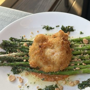 Gabi James - Charred Asparagus - romesco, marcona almonds, panko-crusted egg $16 - French Near Me - Redondo Beach, California Gabi James - Charred Asparagus - romesco, marcona almonds, panko-crusted egg $16 - French Near Me - Redondo Beach, California