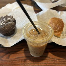 Chocolate muffin, iced coffee, breakfast croissant Chocolate muffin, iced coffee, breakfast croissant