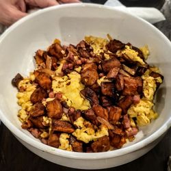 Rosie’s Tecumseh Cafe - Maple Roots Bowl (Scrambled Eggs, Maple Roasted Sweet Potatoes, Diced Ham, Caramelized Onions and Shredded Cheddar) at Rosie's Tecumseh Cafe