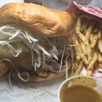 Katsu Burger - Teriyaki Chicken Burger with Cheddar and Nori Fries with delicious Miso Honey Mustard Dip - Japanese Near Me - Bellevue, Washington Katsu Burger - Teriyaki Chicken Burger with Cheddar and Nori Fries with delicious Miso Honey Mustard Dip - Japanese Near Me - Bellevue, Washington