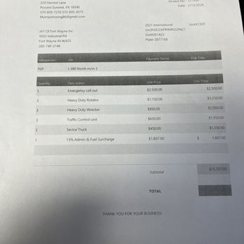 Murray's Towing amd Service Center - Invoice after they lowered the amount because we paid cash. If we turned into our insurance, it would have been the $20,000. - Towing Near Me - Pocono Summit, Pennsylvania Murray's Towing amd Service Center - Invoice after they lowered the amount because we paid cash. If we turned into our insurance, it would have been the $20,000. - Towing Near Me - Pocono Summit, Pennsylvania