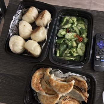 Yum Dumpling - 34.Pork & Chive Pan Fried Dumplings(8pc), 32.Pan Fried Pork Buns (6pc), 2.Cucumber Salad - Noodles Near Me - Orange, California