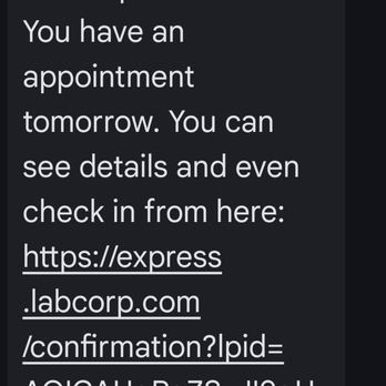 Labcorp - Text message confirmation received the day before the appointment - Laboratory Testing Near Me - Avondale, Arizona