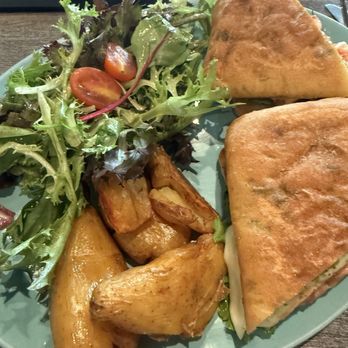 Wara Cafe - I got a chicken pesto sandwich also came with salad and potato's Yummy! - Cafes Near Me - Chino, California Wara Cafe - I got a chicken pesto sandwich also came with salad and potato's Yummy! - Cafes Near Me - Chino, California