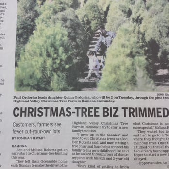 Highland Valley Christmas Tree Farm - Union Tribune, Monday, November 30th 2015, 1 of 2 - Christmas Trees Near Me - Ramona, California