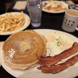 Pancakes special with eggs and bacon.