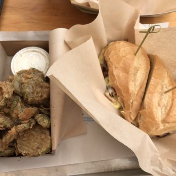 Lowry Beer Garden - Fried Pickles ($5) and Cubano ($10) - Burgers Near Me - Denver, Colorado
