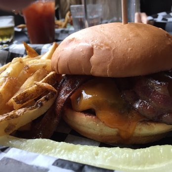 Stray Dog - Fries + Smokey Cheddar and Bacon burger - New American Near Me - Minneapolis, Minnesota