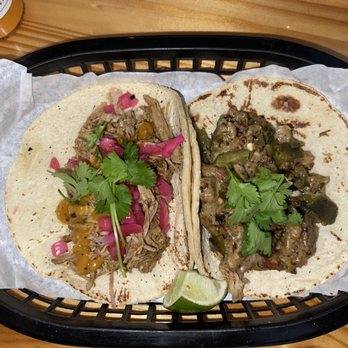 Black Rooster Taqueria - Achiote Pork taco (left) and Black Rooster Asada taco (right) - Mexican Near Me - Orlando, Florida