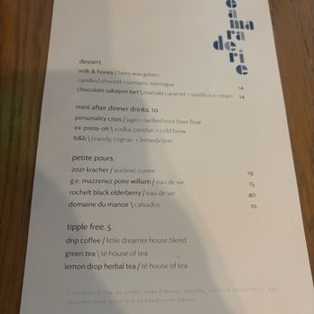 Camaraderie - Menu as of 10/5/25 - New American Near Me - Houston, Texas