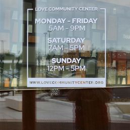 Exterior outside entrance of Love Community Center - Posted hours - Rushville, Indiana Exterior outside entrance of Love Community Center - Posted hours - Rushville, Indiana