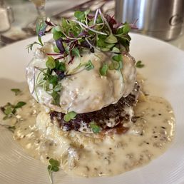 Biscuits and gravy -- delicious and uniquely plated.