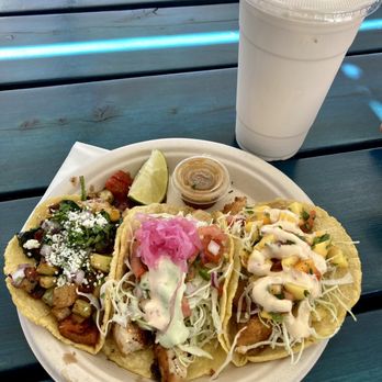 El Viejon - Left to right: Vege taco, mahi-mahi fish taco, coconut prawn taco  Drink: Horchata - Mexican Near Me - Vancouver, Washington