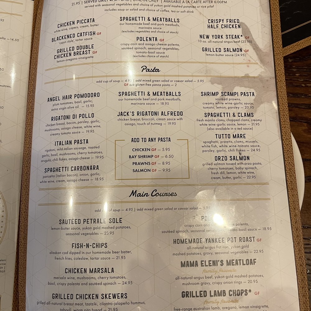 Jack's Restaurant & Bar - Early Bird Dinner, Pasta, and Main Course menu at Jack's Restaurant & Bar in San Bruno. - American Near Me - San Bruno, California Jack's Restaurant & Bar - Early Bird Dinner, Pasta, and Main Course menu at Jack's Restaurant & Bar in San Bruno. - American Near Me - San Bruno, California