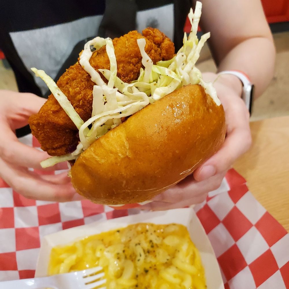 Mighty Chick Sando - Nashville (level 4) combo with macaroni & cheese and the BBQ soy garlic sando combo with normal fries. - Chicken Wings Near Me - Bedford, Texas
