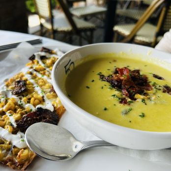 Seasons 52 - Corn Bacon Flatbread and Summer Corn Soup - New American Near Me - Palm Beach Gardens, Florida Seasons 52 - Corn Bacon Flatbread and Summer Corn Soup - New American Near Me - Palm Beach Gardens, Florida