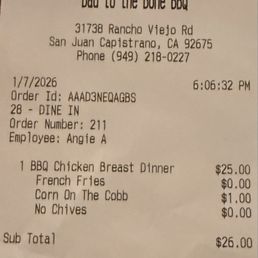 Receipt Bad to the Bone BBQ