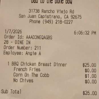 Bad to the Bone BBQ - Receipt Bad to the Bone BBQ - Barbeque Near Me - San Juan Capistrano, California
