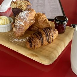 Fresh Pastry Board Almond, chocolate, plain croissants, muffin, butter & jam. Fresh Pastry Board Almond, chocolate, plain croissants, muffin, butter & jam.