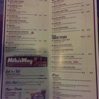 Jersey Mike's Subs - Take out menu which looks to be the same as the one in the store. - Fast Food Near Me - Portland, Oregon Jersey Mike's Subs - Take out menu which looks to be the same as the one in the store. - Fast Food Near Me - Portland, Oregon