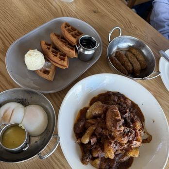 Orange Hill Restaurant & Events - Hangover Hash, side of Belgian Waffles and chicken apple sausage - Steakhouses Near Me - Orange, California Orange Hill Restaurant & Events - Hangover Hash, side of Belgian Waffles and chicken apple sausage - Steakhouses Near Me - Orange, California