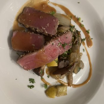 R Kitchen - Ahi tuna encrusted with sesame seeds with miso sauce, onions, squash and mushrooms - New American Near Me - Charleston, South Carolina