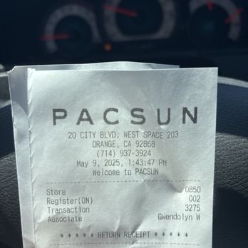 PacSun - Receipt - Accessories Near Me - Orange, California PacSun - Receipt - Accessories Near Me - Orange, California