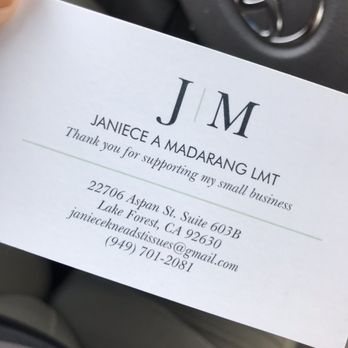Janiece A Madarang LMT - Contact info - Massage Therapy Near Me - Lake Forest, California Janiece A Madarang LMT - Contact info - Massage Therapy Near Me - Lake Forest, California
