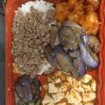 Bento Express - braised pork bento, with orange chicken, eggplant and mapo tofu - Taiwanese Near Me - Sunnyvale, California Bento Express - braised pork bento, with orange chicken, eggplant and mapo tofu - Taiwanese Near Me - Sunnyvale, California