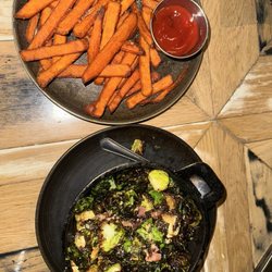 Brussels sprouts and sweet potato fries