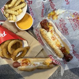 Jumbo dog, Char Grilled Maxwell Street Polish Sausage, Cheese Fries, and Onion Rings