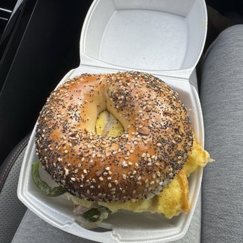 SPoT! - Ham and cheese egg bagel with peppers and onions - Bagels Near Me - Norwood, Massachusetts