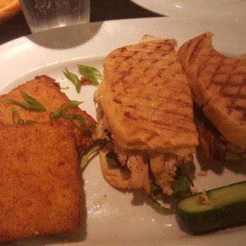 Marlow's Tavern - Roasted chicken panini with white cheddar grit cakes. Amazing!!! - New American Near Me - Kennesaw, Georgia Marlow's Tavern - Roasted chicken panini with white cheddar grit cakes. Amazing!!! - New American Near Me - Kennesaw, Georgia