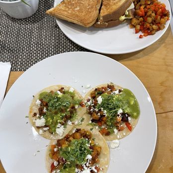 The Modern Tea Room - Sofias Sonia's potato Tacos not so vegan Bacon Egg and Cheese Melt - Coffee & Tea Near Me - Lancaster, California