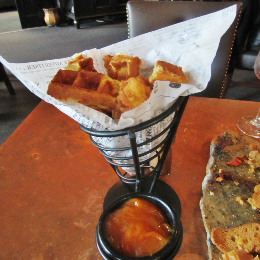 Intermezzo By Wine Cask - Fried Chicken and Waffles Basket (w/apricot marmalade). Yum. - New American Near Me - Santa Barbara, California Intermezzo By Wine Cask - Fried Chicken and Waffles Basket (w/apricot marmalade). Yum. - New American Near Me - Santa Barbara, California