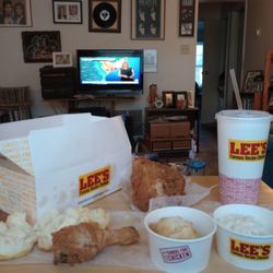 Lee's Famous Recipe Chicken - 2 Piece Combo by chicken leg, breast, Mashed Potatoes with Gravy, Cole Slaw, Biscuit, Diet Pepsi