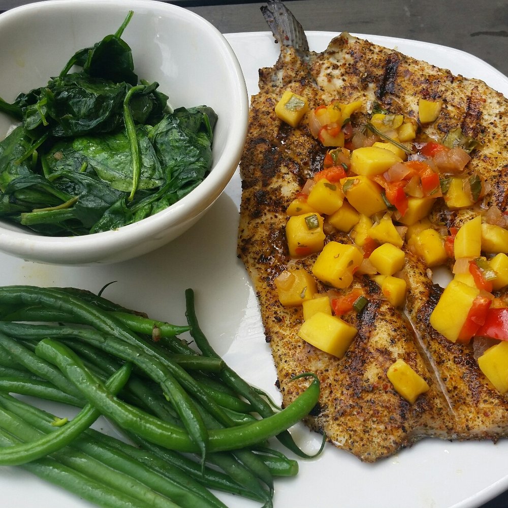 Bonefish Grill - Rainbow Trout with mango salsa, spinach, & green beans - Seafood Near Me - Tampa, Florida