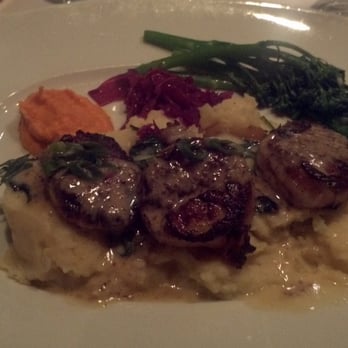 Vintage Press - Bacon Wrapped Scallops with Yukon Mashed Potatoes, Broccolini & a Creamy Sweet Potato Puree - American Near Me - Visalia, California Vintage Press - Bacon Wrapped Scallops with Yukon Mashed Potatoes, Broccolini & a Creamy Sweet Potato Puree - American Near Me - Visalia, California