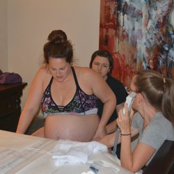 East Bay Home Birth Midwifery - Kathryn Webb behind me, Michelle, listening to fetal heart tones