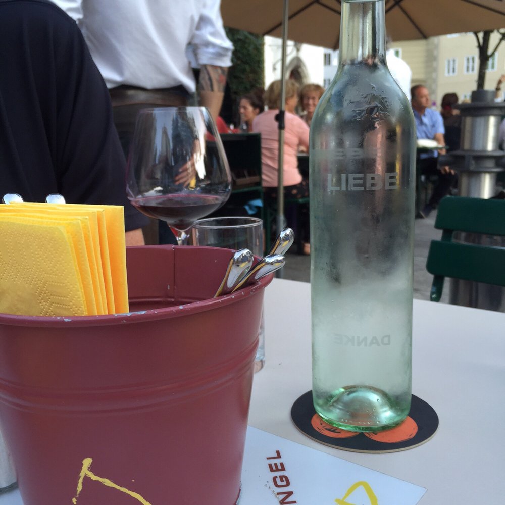 Restaurant Triangel - The water bottles were created by Triangel. "Danke. Liebe." And they kept them coming. - Cafes Near Me - Salzburg, 5